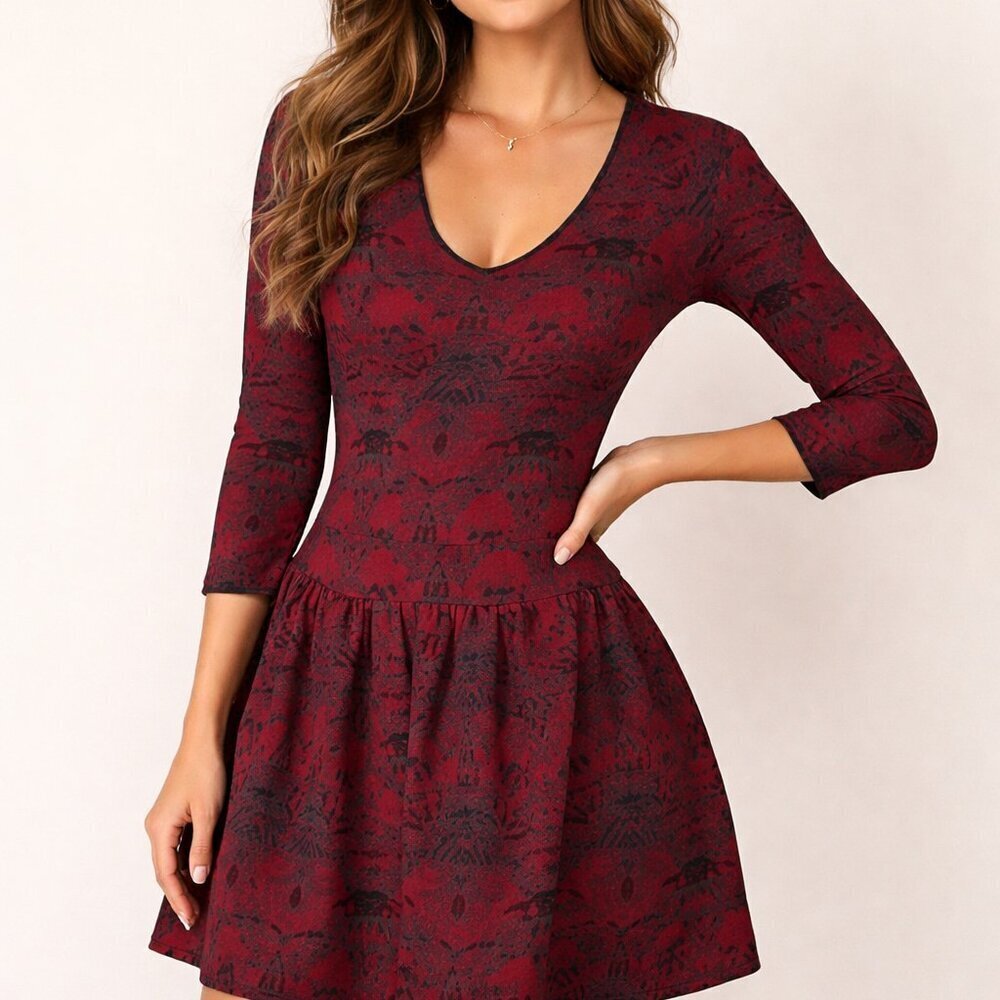 Marchesa Voyage Jacquard Knit Dress Size Small Red Drop Waist Fit and Flare